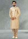 Cream Colour Latest Party Wear Jacquard Banarasi Silk Digital Print Kurta Pajama With Jacket Mens Collection 1056